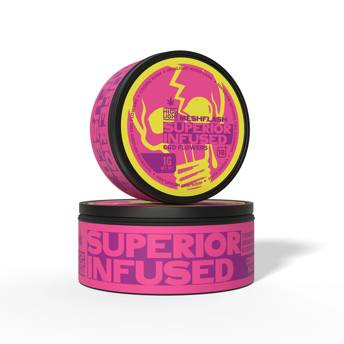 Two stacked tins of Meshflash Superior Infused CBD Flower Cosmic Kush with 1g content