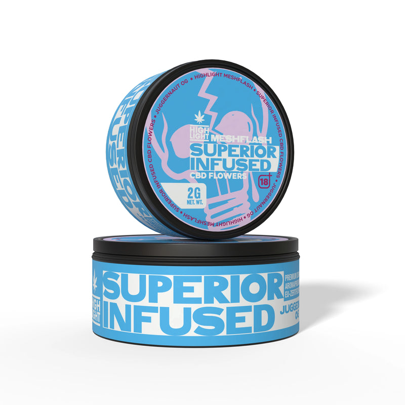 Dvě naskládané dózy Meshflash Superior Infused CBD květ Juggernaut OG s obsahem 2g