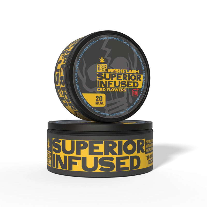 Dvě naskládané dózy Meshflash Superior Infused CBD květ Thunder Diesel s obsahem 2g