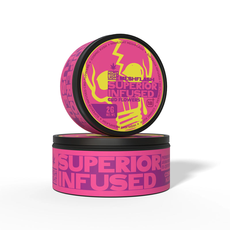 Két egymásra helyezett doboz Meshflash Superior Infused CBD virág Cosmic Kush 2g tartalommal
