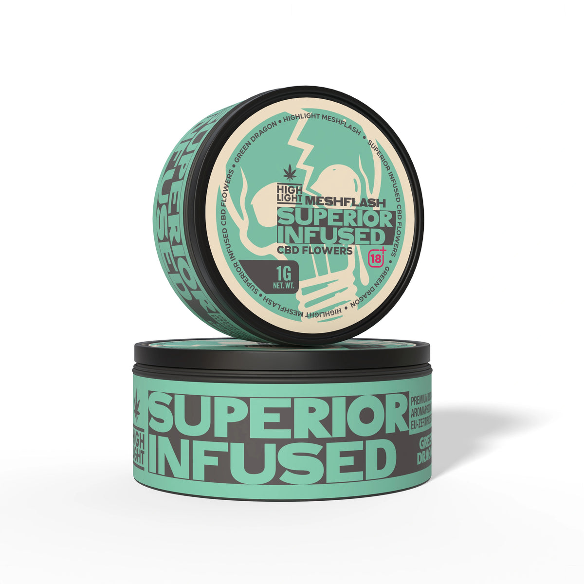 Dos latas apiladas de flor CBD Meshflash Superior Infused Green Dragon con 1g de contenido