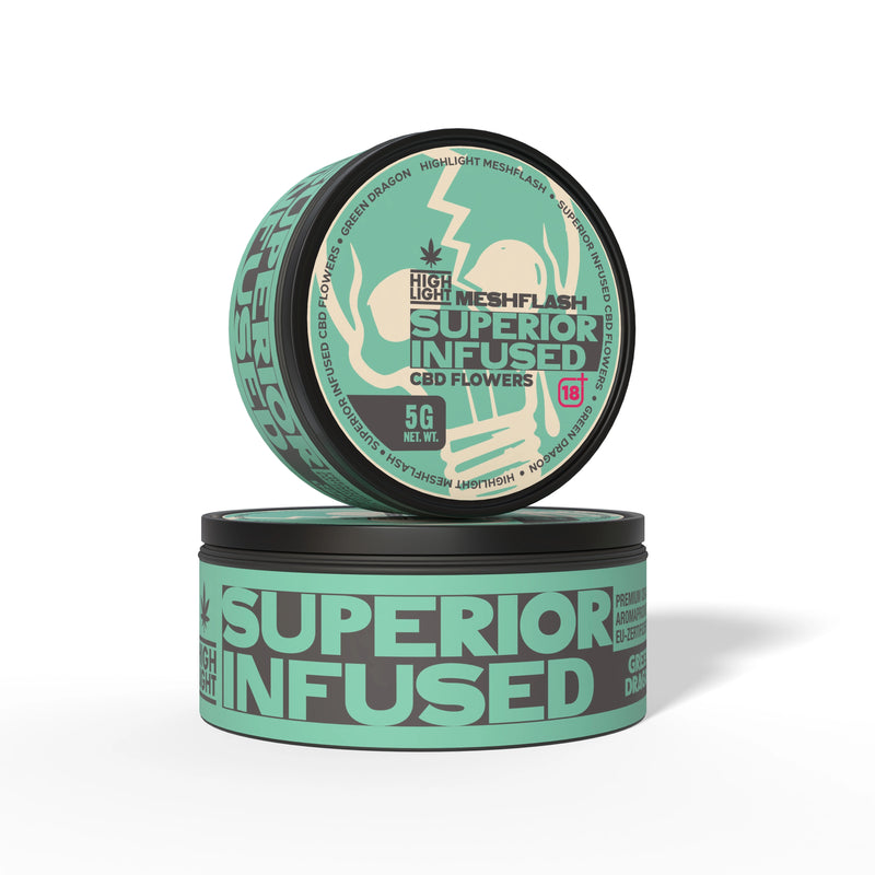 Két egymásra helyezett doboz Meshflash Superior Infused CBD virág Green Dragon 5g tartalommal
