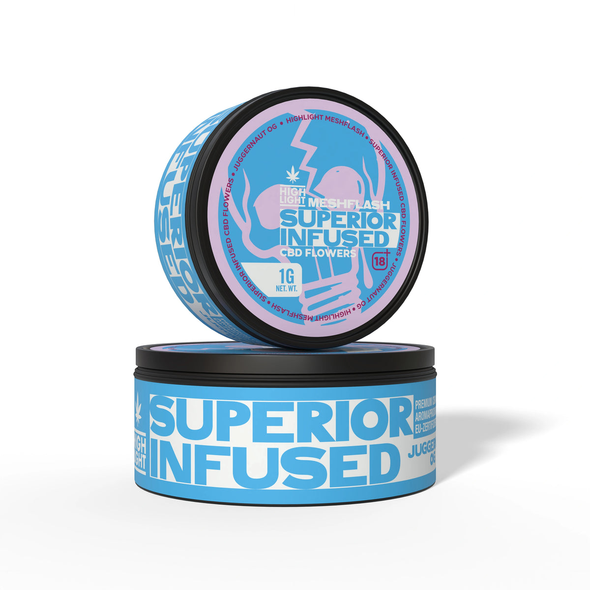 Dve na sebe naukladané dózy Meshflash Superior Infused CBD Kvet Juggernaut OG s obsahom 1g