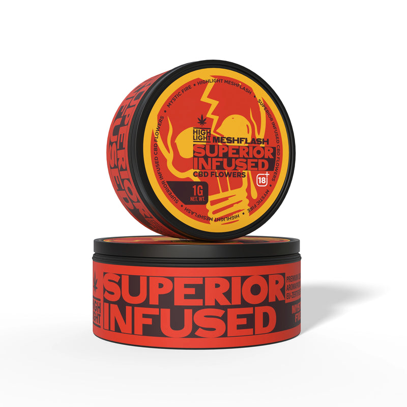 Two stacked tins of Meshflash Superior Infused CBD Flower Mystic Fire with 1g content