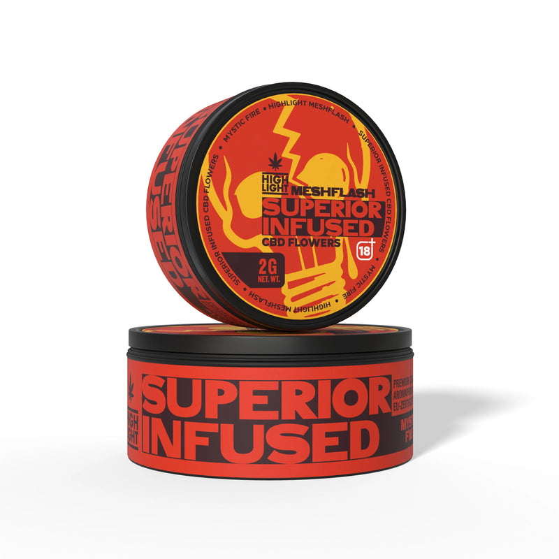 Két egymásra helyezett doboz Meshflash Superior Infused CBD virág Mystic Fire 2g tartalommal