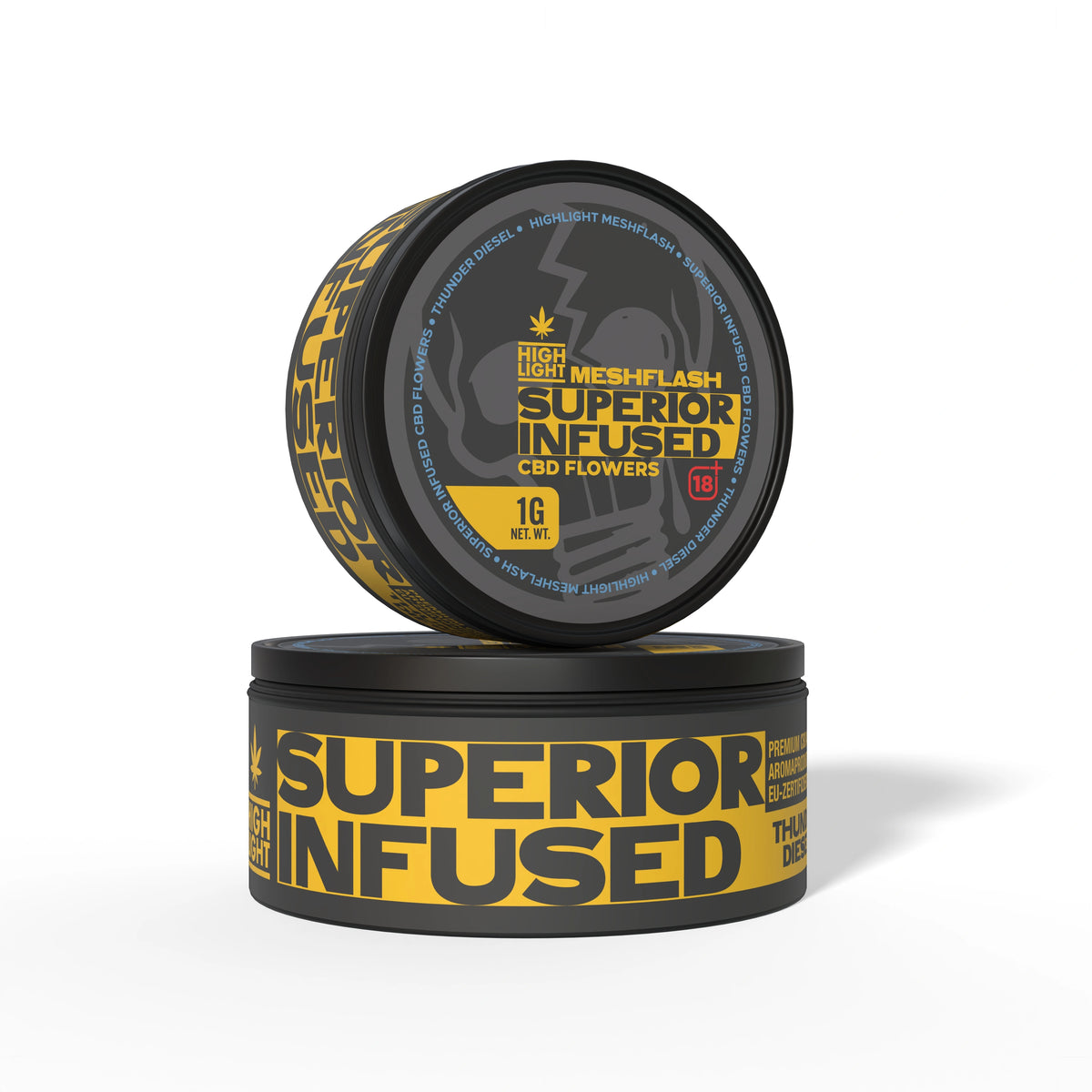 Two stacked tins of Meshflash Superior Infused CBD Flower Thunder Diesel with 1g content