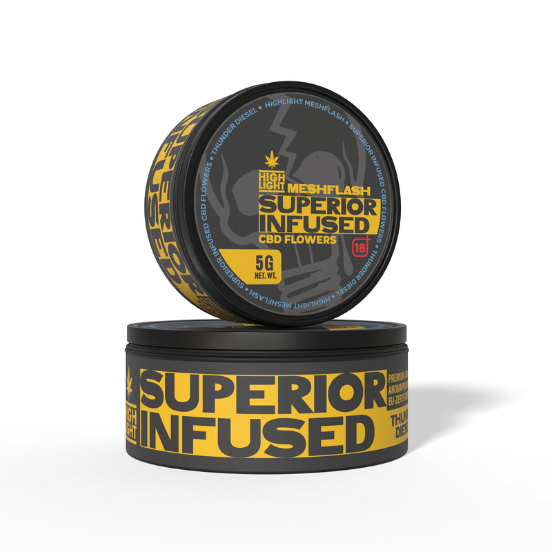Két egymásra helyezett doboz Meshflash Superior Infused CBD virág Thunder Diesel 5g tartalommal